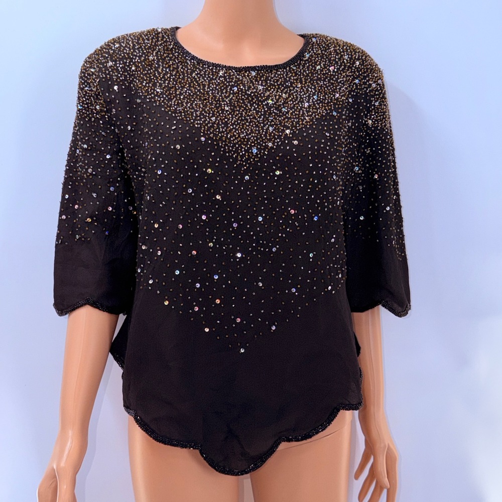 Vintage Silk L Beaded Dark Fairy 1920s Art Deco 80s 90s Evening Quiet Luxury
